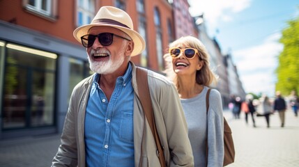 Elderly couple joyfully strolling through city streets during spring vacation. - obrazy, fototapety, plakaty
