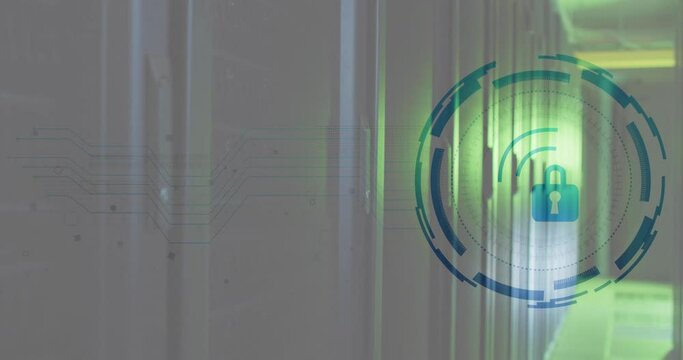 Animation of padlock and digital data processing over computer servers