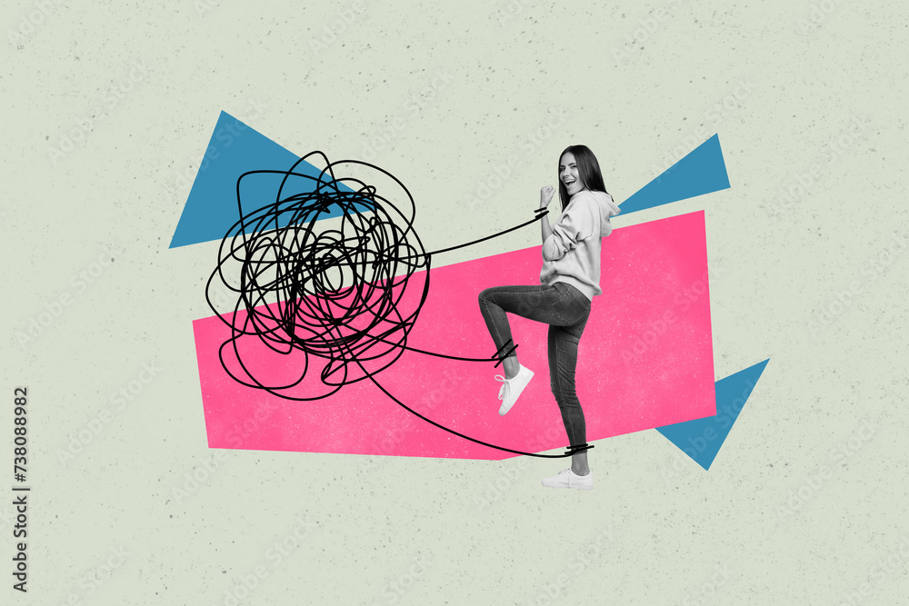Poster chaos in head collage illustration workaholic woman which cant move when her thoughts only about job