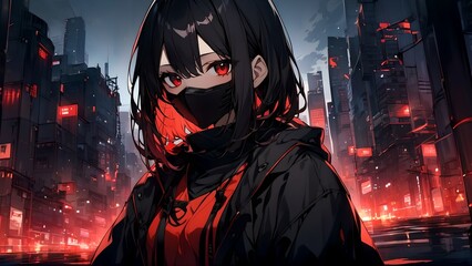 Cute anime girl in a mask, against the background of the city, red glow, wallpaper, background, illustration
