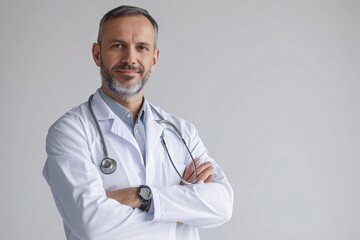 Smiling male physician in lab coat and stethoscope holding good health report on white background with room for text.