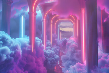 Celestial Oasis Create a 3D render of an architectural wonderland emerging from and blending seamlessly with the clouds Neon lights punctuate the scene casting an otherworldly glow