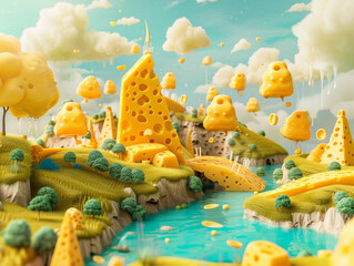 Craft a 3D render of a fantastical cheese landscape incorporating whimsical elements like floating cheese islands