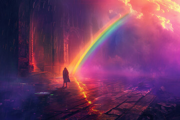 Craft a background artwork with the theme of rainbow and sweat blending the elements to form a visually striking scene