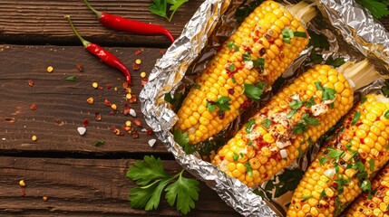 Delectable corn roasted in foil with butter, garlic, chili, herbs, and sea salt on a wooden surface. - obrazy, fototapety, plakaty