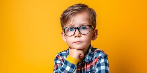 Pensive young lad wearing spectacles against a colored backdrop.