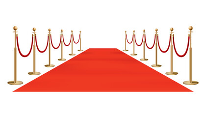 Red carpet golden barriers. Exclusive event. Red carpet with stairs red ropes and golden stanchions. Movie premiere, gala, ceremony, award concept