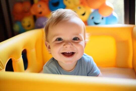 Cute happy baby toddler sitting in a crib