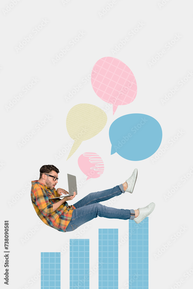 Poster picture collage artwork of young guy geek nerd writing texting typing sms bubble cloud element isola