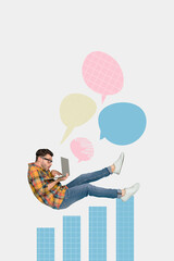 Picture collage artwork of young guy geek nerd writing texting typing sms bubble cloud element...
