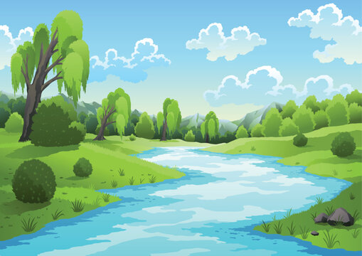 River landscape with green hill, grass tree and clouds on sky. Beautiful scene with river flowing through hills, green fields and forest. Vector illustration