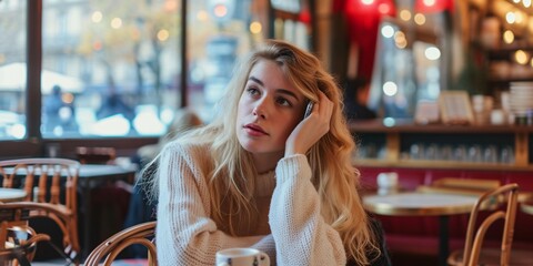 A blonde lady sits in a typical city coffee house in Paris, chatting on the phone.
