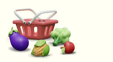 Empty shopping cart, eggplant, corn, broccoli, apple. Set of vegan ingredients