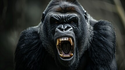 Portrait of angry mountain gorilla male showing teeth