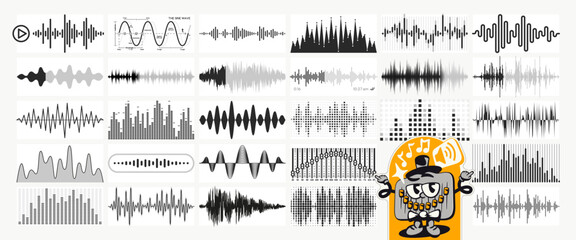 Sound waves. Audio waveform shapes, digital soundwave and music equalizer. Voice sound visualization vector set 