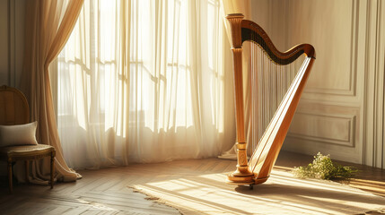 Close-up of a modern large harp in an aesthetic light minimalist interior. Music orchestra concept....