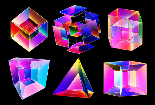 Crystal 4D shape. Gradient hypercube, glass tesseract vector illustration set