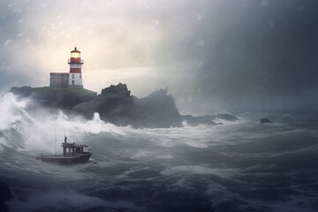 Ocean landscape during a storm with a lighthouse and a boat on the background in the fog, large waves crashing against rocks on a deserted shore. Digital realistic photo