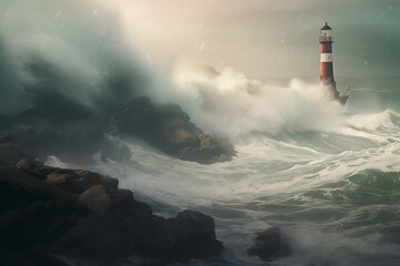 Fototapeta na wymiar Ocean landscape during a storm. Powerful waves on the beach, dramatic weather and sea, ocean stormy weather and lighthouse in the fog. Digital realistic photo
