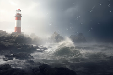 Ocean landscape during a storm, with large waves crashing against rocks on a deserted shore, with a lighthouse on a background in the fog. Digital realistic photo