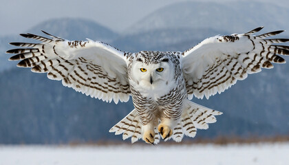 Elegance of a snowy owl in flight, its outstretched wings spanning the frame with meticulous precision, each feather meticulously rendered to convey its silent grace against a wintry landscape