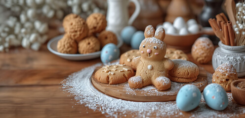Fototapeta na wymiar Sprinkled with Love, Nestled Among Eggs Colored with the Hues of Spring, Easter's Cookie Basket
