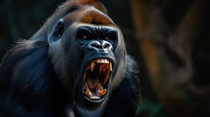 Portrait of angry mountain gorilla male showing teeth