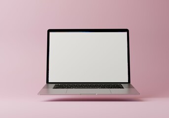3D Laptop with Blank Screen floating on Pastel Pink Monochrome background. Minimal 3D rendering with copy space for text and product display.