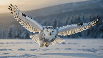 Kissenbezug Elegance of a snowy owl in flight, its outstretched wings spanning the frame with meticulous precision, each feather meticulously rendered to convey its silent grace against a wintry landscape © mdaktaruzzaman