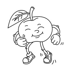 Retro clockwork fruit apple contour. Retro cartoon stickers with funny comic book characters and gloved hands, a leaf on the head. An apple with emotions on its face. Cool fruits Groovy, y2k, 70s, 60s