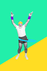 3d retro abstract creative artwork template collage of funny grandpa rotate hulahoop healthy lifestyle weird freak bizarre unusual fantasy