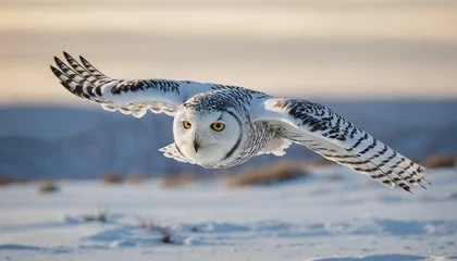 Poster Elegance of a snowy owl in flight, its outstretched wings spanning the frame with meticulous precision, each feather meticulously rendered to convey its silent grace against a wintry landscape © mdaktaruzzaman