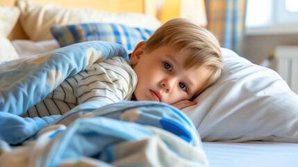 Young Boy Resting in Bed with a Look of Contemplation and Comfort