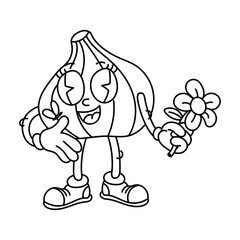 Figs in retro groovy fruits contour. Retro cartoon stickers with funny comic book characters and gloved hands, a butterfly on his hand. Fruits with emotions on their face. Cool fruits. y2k, 70s, 60s