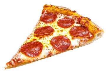 A single slice of pepperoni pizza with melted cheese and pepperoni on top isolated on transparent or white background, png