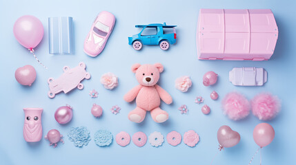 Urodzinowe minimalistyczne jasne tło na życzenia lub metryczkę z zabawkami i dekoracjami - narodziny dziecka - dziewczynki lub chłopca. - obrazy, fototapety, plakaty