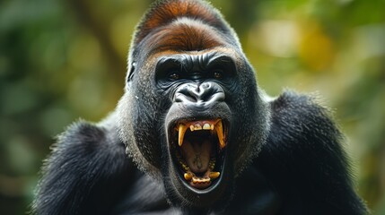 Portrait of angry mountain gorilla male showing teeth