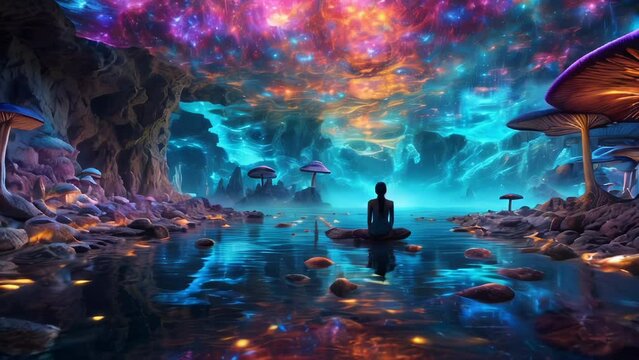 Mushroom fantasy landscape, woman in meditation pose under the cosmos