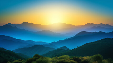 Beautiful shot of the sunset through the mountains, golden hour colored landscape with blue sky. Evening fog creeps over the mountain tops