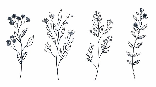 illustration of a branch of tree, hand drawn flowers
