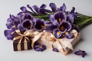 a bouquet of irises lies next to a box of chocolates