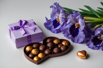 a bouquet of irises lies next to a box of chocolates