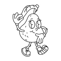 Retro fruit pear contour groovy. Retro cartoon stickers with funny comic book characters and dancing gloved hands. A fruit with emotions on its face. Cool fruits. Groovy, y2k, 70s, 60s, retro