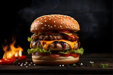 Hot and spicy cheesy chicken burger in dark background