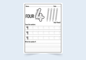 Number four tracing practice worksheet. write and count numbers and  Coloring worksheets