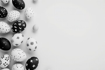 a bunch of black and white easter eggs on a white background