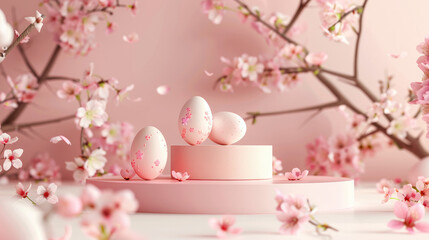 pastel aesthetic easter eggs with flowers, Podium background cherry blossom flowers, easter kawaii spring summer background podium, 