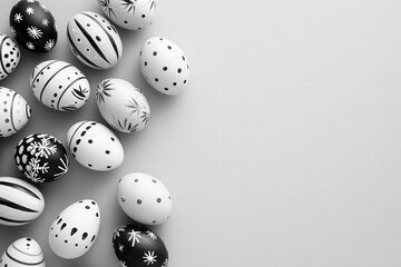 a bunch of black and white easter eggs on a gray background