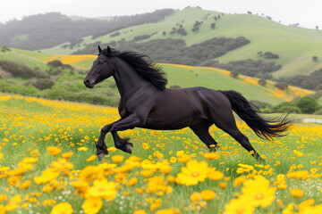 A black horse running across a field of yellow flowers against rolling green hills under a cloudy sky.