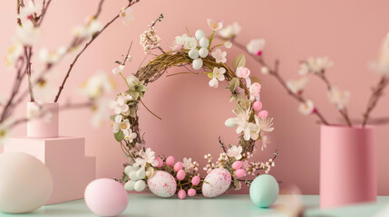 pastel aesthetic easter eggs with flowers, Podium background cherry blossom flowers, easter kawaii spring summer background podium, 